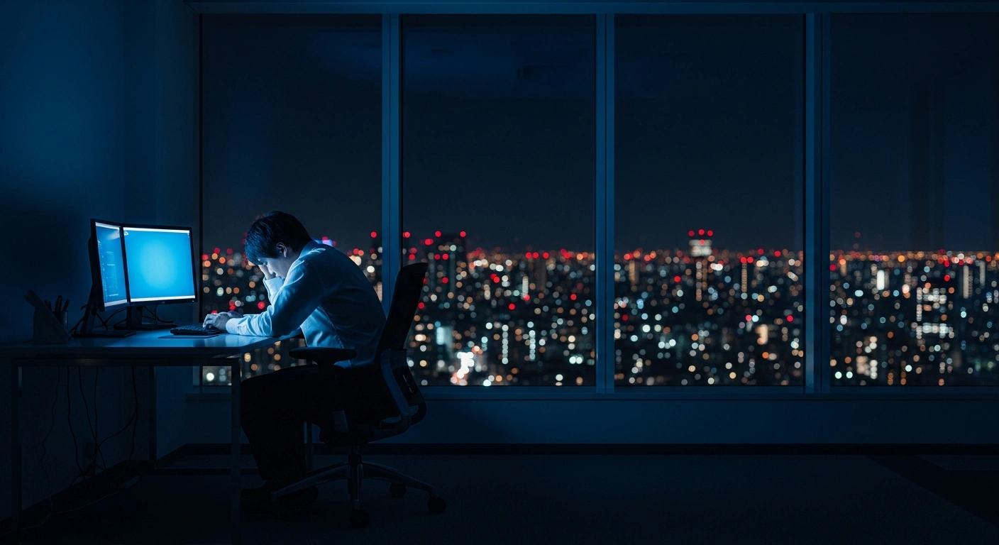A tired professional sits at a desk in a dark Tokyo office late at night, highlighting the issue of chronic sleep deprivation and demanding work culture in Japan.