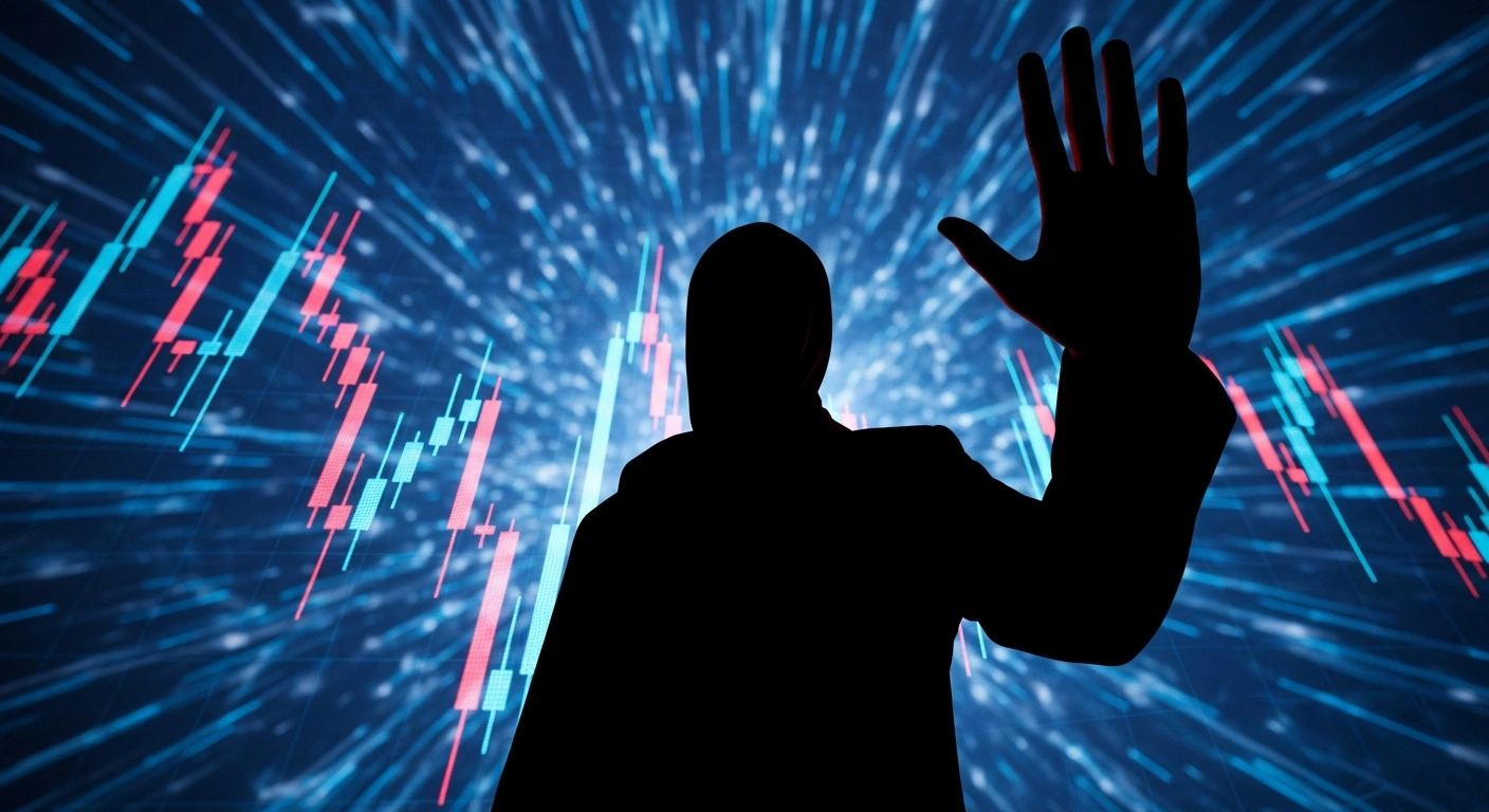 A determined figure, representing Japan's Finance Minister, is silhouetted against a background of swirling digital currency graphs, with their hand raised in a gesture of readiness to intervene against speculative swings in the yen's movements.