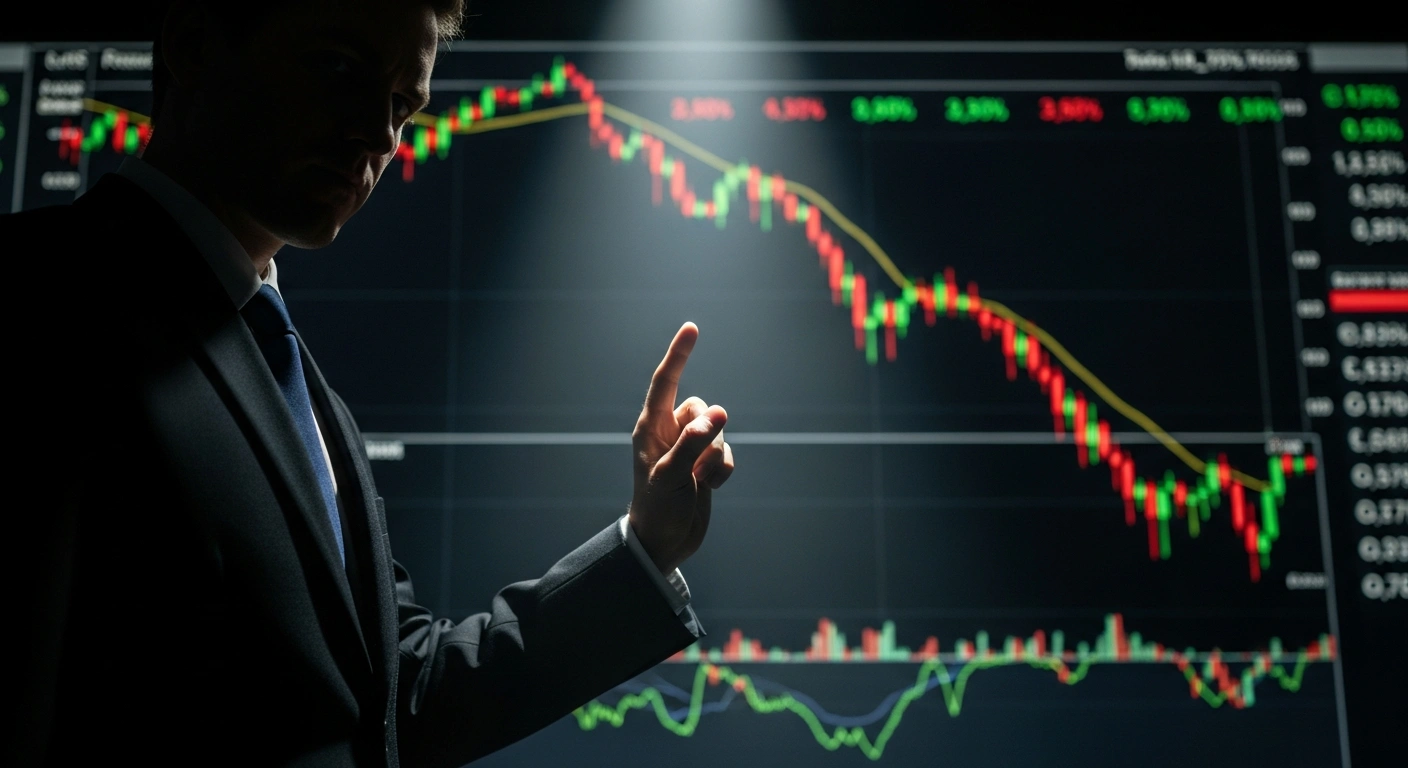 A determined figure in a dark suit stands before a glowing digital display showing downward-trending currency graphs, symbolizing the Japanese Finance Minister's readiness to intervene in the rapidly weakening yen currency market due to speculative moves.