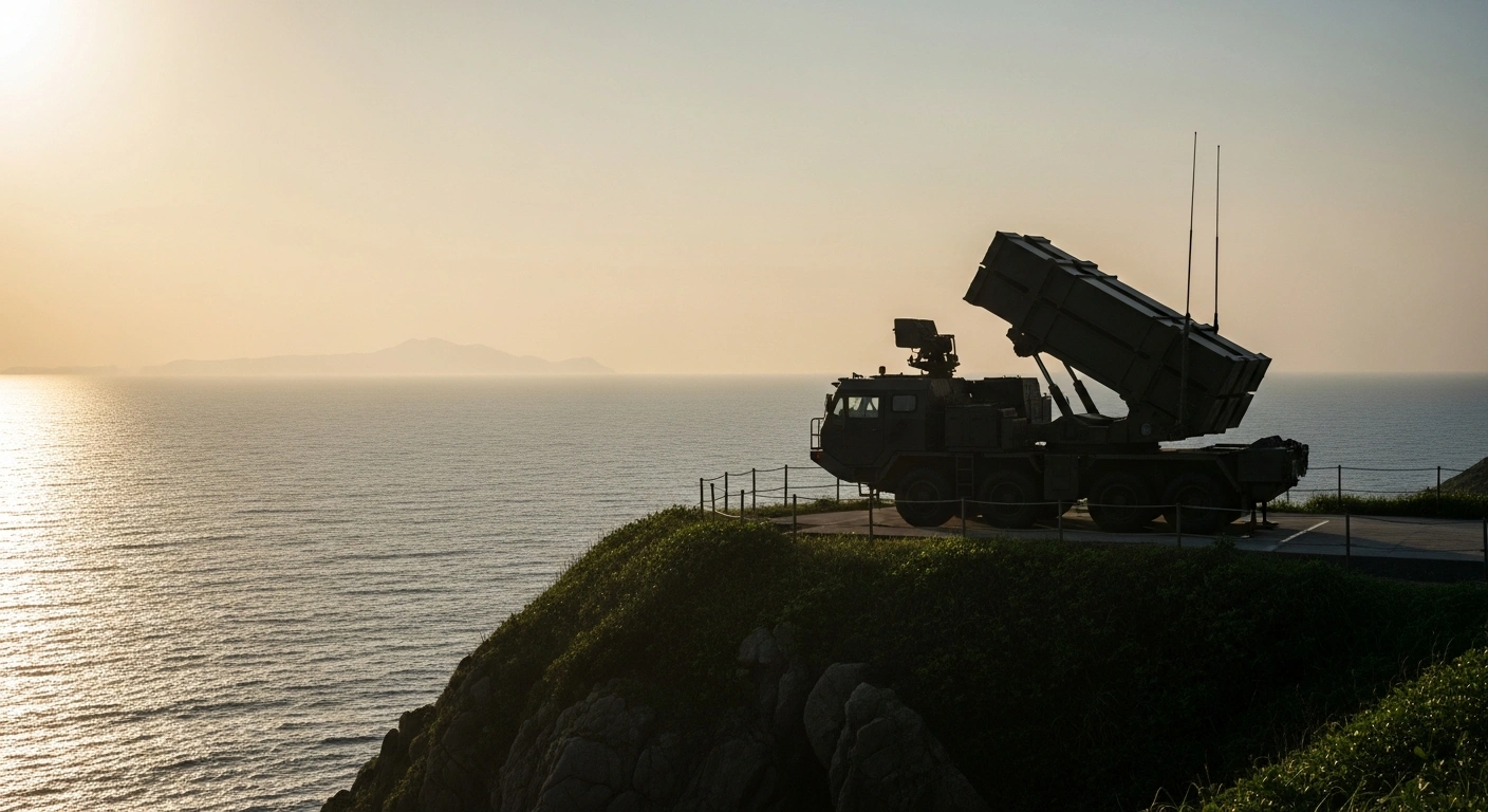 A Type 03 Chū-SAM missile launcher is strategically positioned on a rugged cliff on Yonaguni Island, overlooking the sea towards a distant landmass, symbolizing Japan's deployment of medium-range surface-to-air missiles as part of its military buildup near Taiwan.