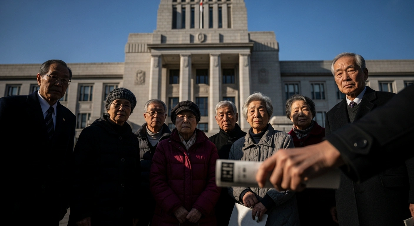 A determined group of elderly Japanese air-raid victims stands before a parliament building, symbolizing their ongoing commitment to securing state relief for injuries sustained during U.S. air raids in World War II, despite legislative setbacks.