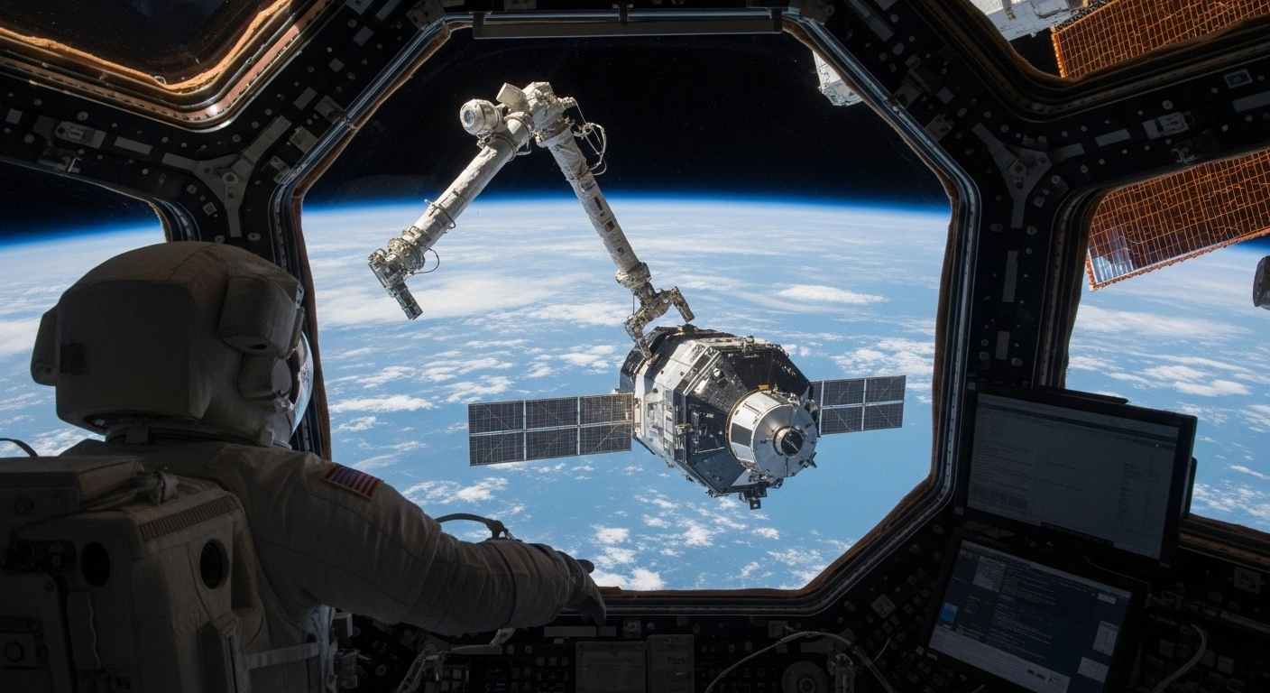Japanese astronaut Kimiya Yui is seen from behind inside the International Space Station's cupola, observing the HTV-X1 cargo spacecraft being successfully captured by the station's robotic arm against the backdrop of Earth.