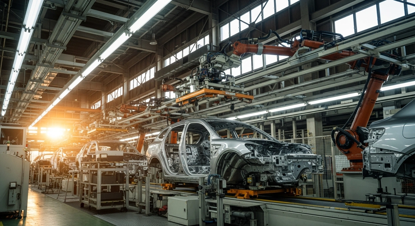 A modern Japanese automotive assembly plant resumes production following the disruptions caused by the 2016 Kumamoto earthquakes.