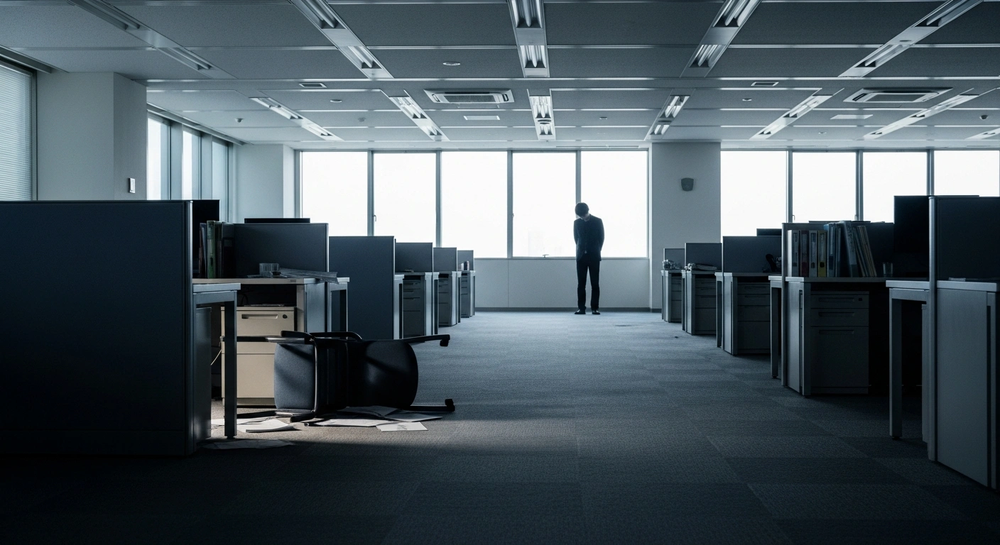 A wide shot of a modern Japanese office at dawn showing an overturned chair and scattered papers near a cubicle, with a silhouetted figure in the background, symbolizing the corporate vulnerability of Japanese companies experiencing 'baito tero' due to a lack of preventative measures.