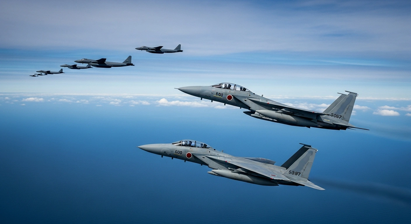 Japanese fighter jets scramble to intercept Chinese and Russian bombers flying over the East China Sea.