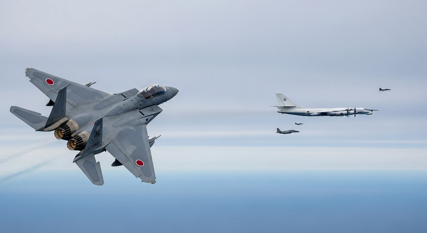 A Japanese F-15 fighter jet banks sharply over the Sea of Japan, intercepting a Russian Tu-95MS bomber accompanied by an escorting fighter aircraft within Japan's Air Defense Identification Zone.