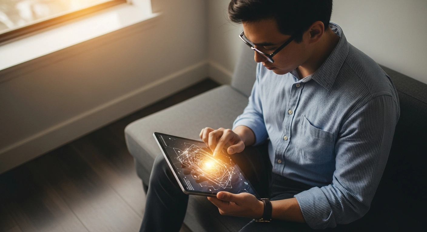 A foreign worker uses a digital tablet to study Japanese language lessons before arriving in Japan for the Specified Skilled Worker visa program.