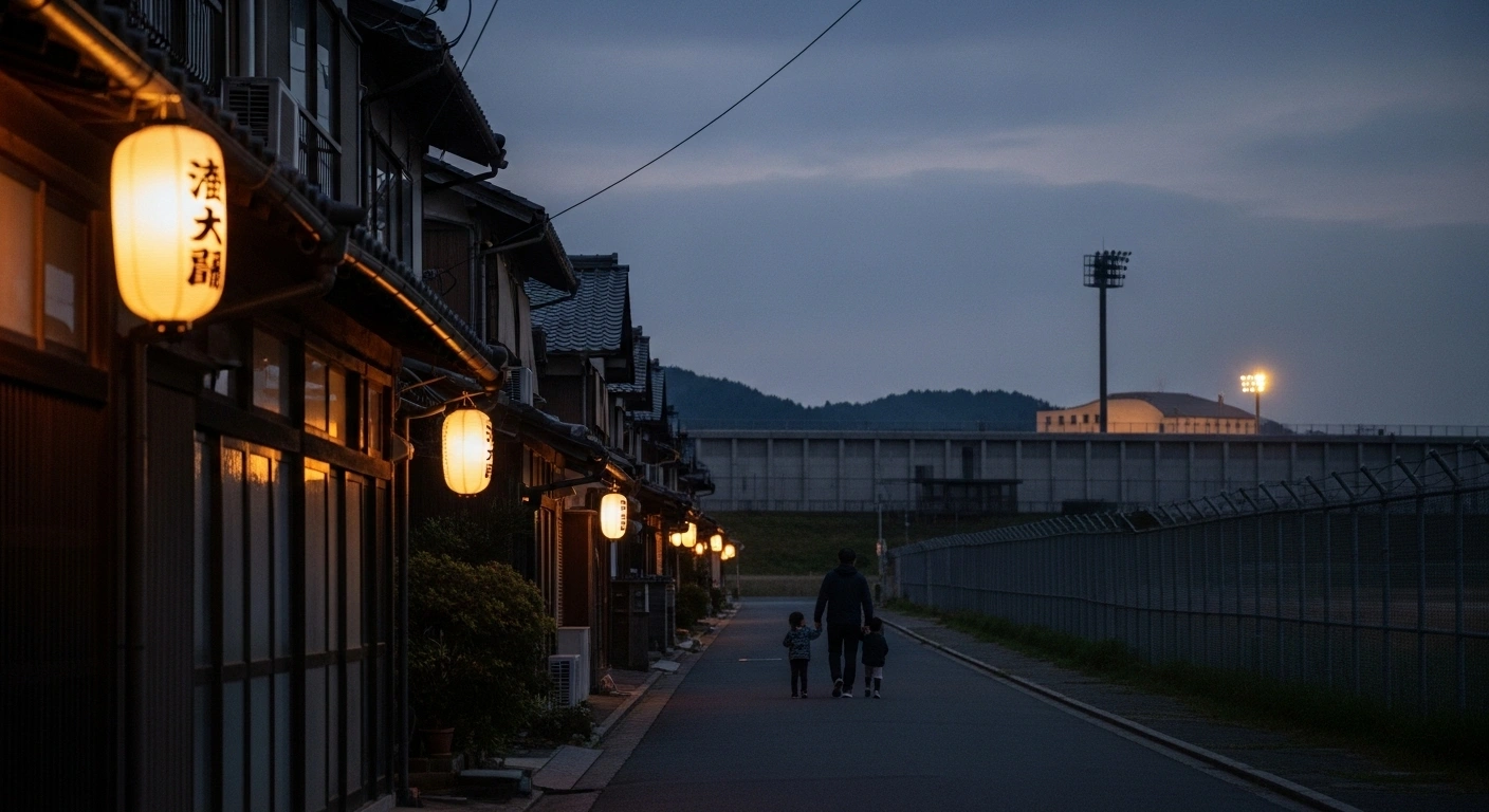 A serene Japanese residential street at dusk, with a family walking home, subtly juxtaposed against the distant, imposing silhouette of a US military base's perimeter fence, symbolizing Japanese citizens' growing apprehension and concerns over living near such facilities.