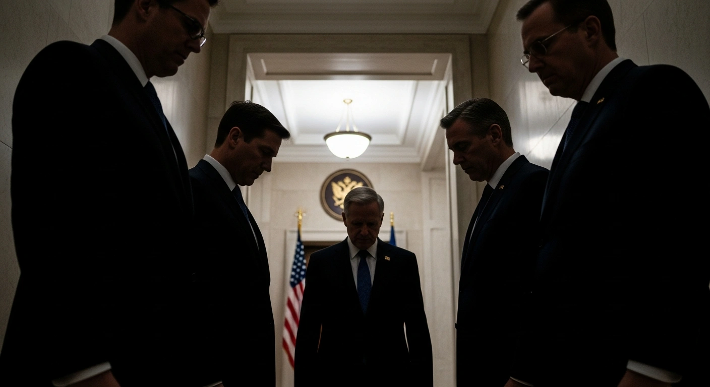 A somber group of Japanese cabinet ministers in dark suits stands in a dimly lit government corridor, with one minister stepping forward, symbolizing the political fallout and resignations amidst a slush fund scandal.