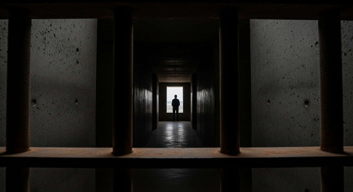 A stark, wide-angle shot through rusted prison bars reveals a solitary figure, representing a Japanese national, silhouetted against a distant light within a concrete cell, symbolizing detention in a facility like Tehran's Evin Prison.