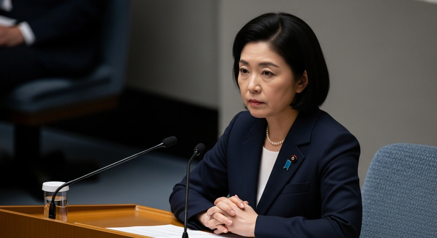Japanese Prime Minister Sanae Takaichi stands at a minimalist podium with a resolute expression, symbolizing her commitment to reform and public burden-sharing by cutting Cabinet members' salaries.