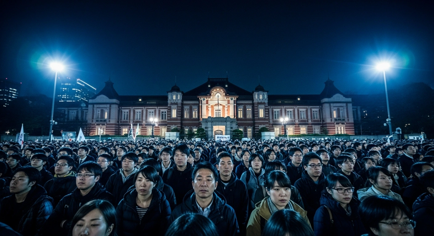 A large crowd of Japanese residents protests at night in front of the Prime Minister's official residence in Tokyo, demanding Prime Minister Sanae Takaichi's resignation following her controversial remarks concerning Taiwan.