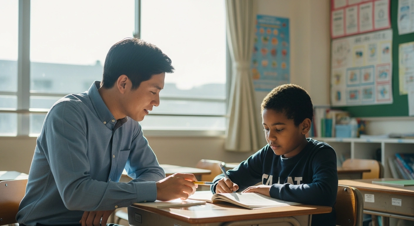 A teacher provides personalized Japanese language instruction to a foreign-born student in a bright classroom as part of a new government support initiative.