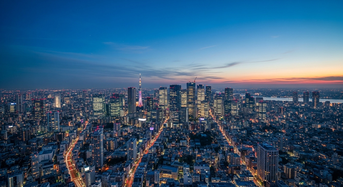 A high-angle view of a brightly lit, modern Japanese city at twilight, symbolizing the competition among several cities, including Osaka, Fukuoka, and Nagoya, to become the country's second capital and decentralize power, stimulate regional growth, and establish a disaster backup for Tokyo.