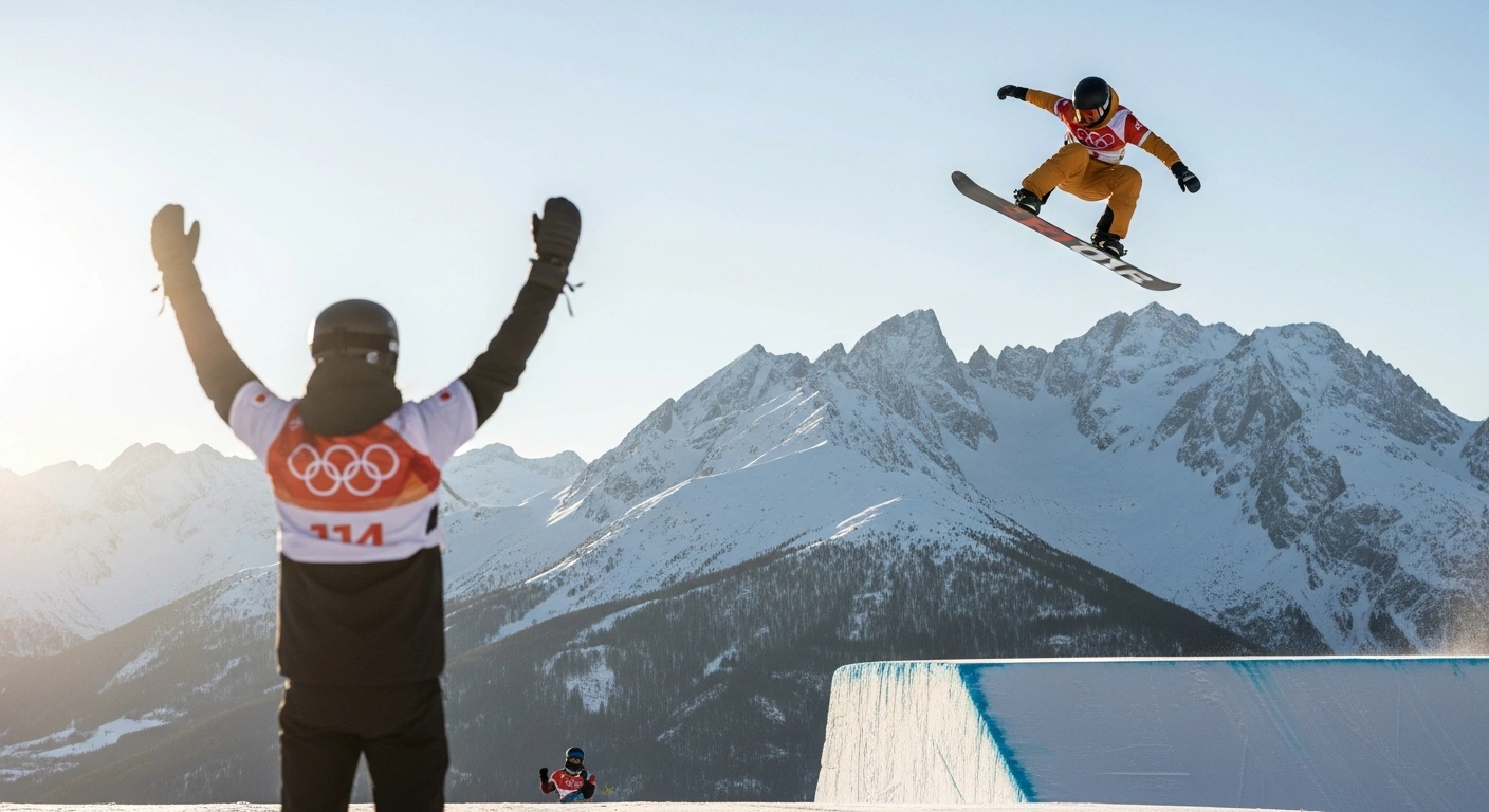 A Japanese snowboarder performs a big air trick high above a snowy mountain range, while another Japanese snowboarder, wearing a gold medal, celebrates on the landing ramp at the Milano Cortina 2026 Winter Olympics in Livigno, Italy.