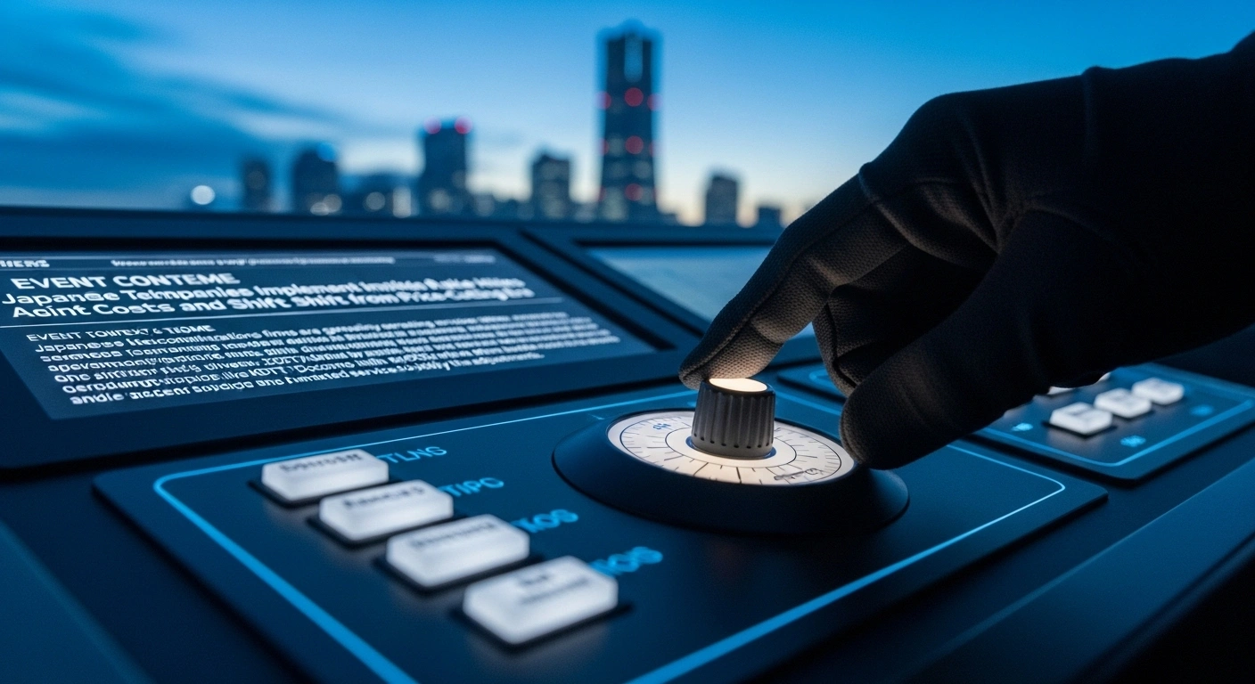 A gloved hand adjusts an illuminated dial on a futuristic control panel, with a softly blurred Japanese cityscape at dawn in the background, symbolizing Japanese telecommunications firms increasing service rates due to rising personnel, operational, and infrastructure costs.