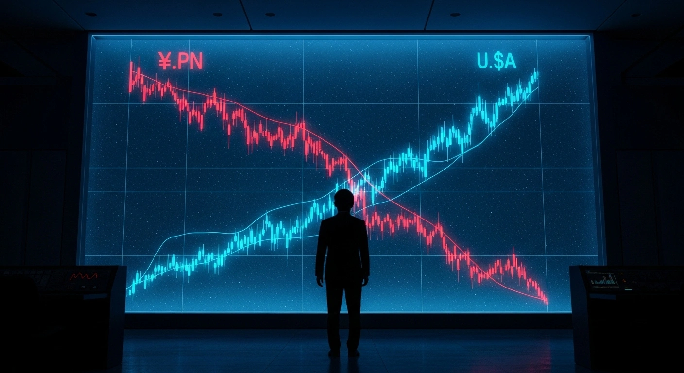 A Japanese finance official, silhouetted in a dimly lit control room, intently monitors a holographic display showing the volatile Japanese yen's decline against the strong U.S. dollar, reflecting its eight-month low.