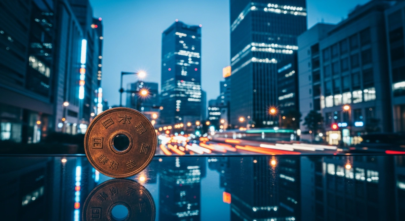 A close-up of a Japanese yen coin resting on a glass surface in front of a blurred Tokyo financial district, representing the currency's historic depreciation against the US dollar.