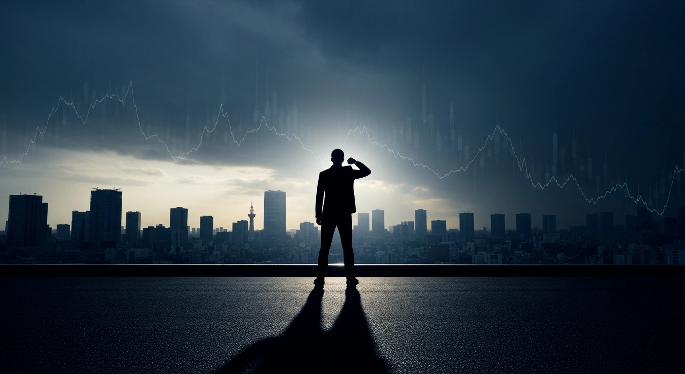 A low-angle, wide shot shows a determined figure, representing Japanese Finance Minister Satsuki Katayama, silhouetted against a stormy Tokyo skyline at dusk, symbolizing the government's readiness for decisive action against excessive yen depreciation.