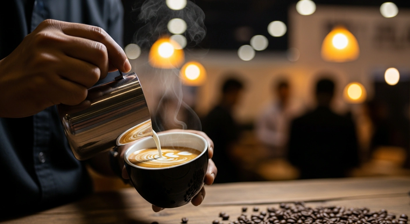 A professional barista prepares high-quality coffee at the Java Coffee, Flavors and Festival in Surabaya to promote Indonesian coffee MSMEs.