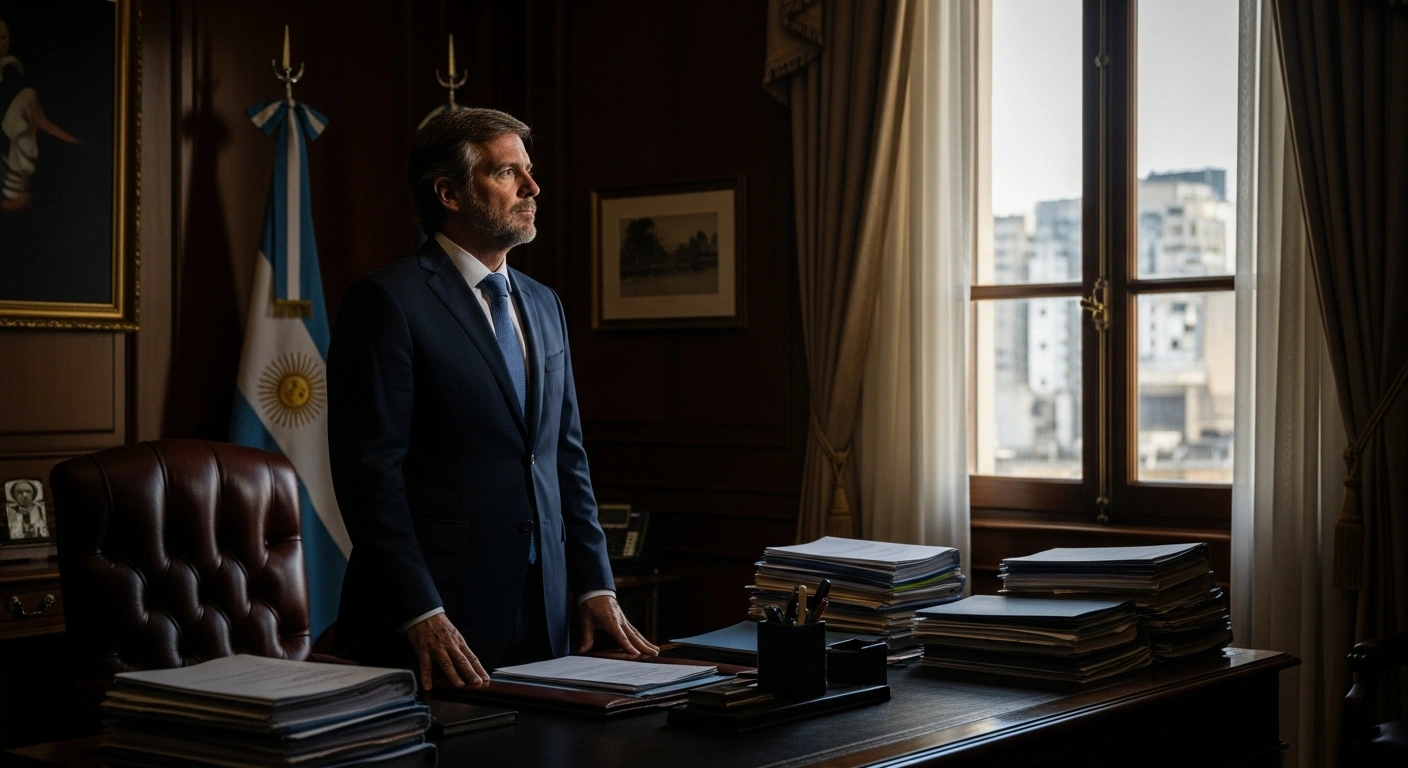Argentine President Javier Milei stands in his office in Buenos Aires while focusing on domestic policy instead of traveling to the United States.