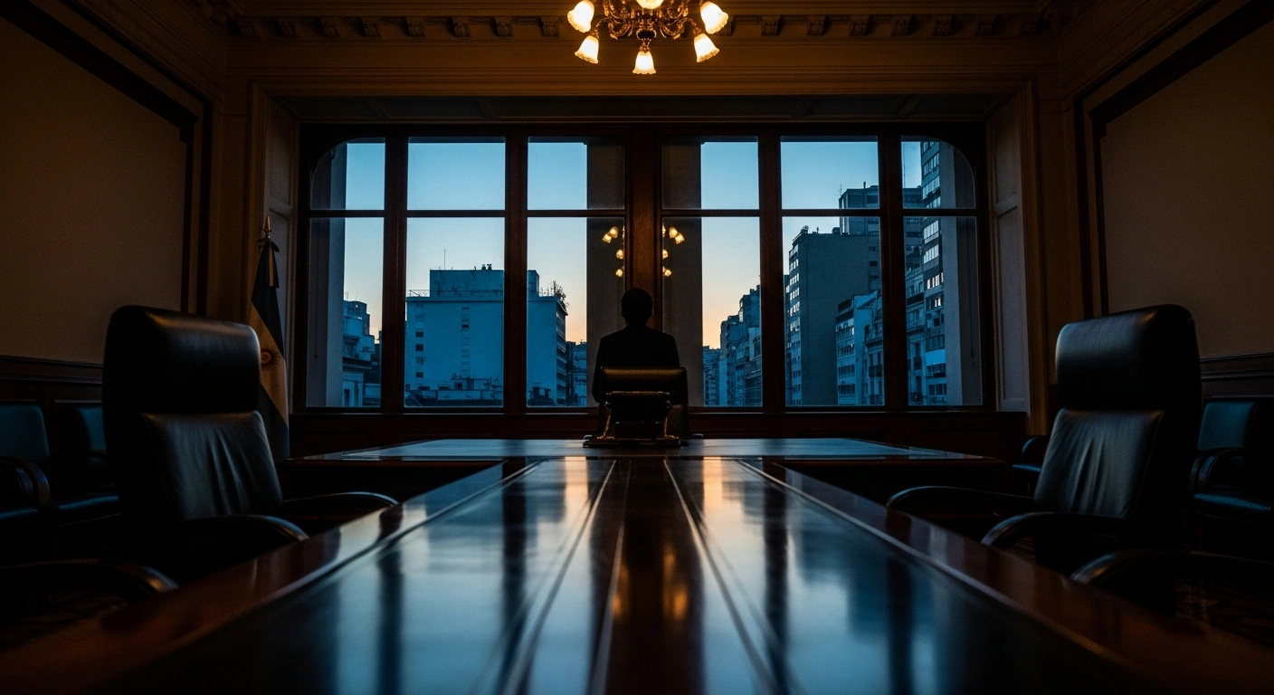 Argentine President Javier Milei stands in a dimly lit office while overseeing cabinet transitions and economic reforms for his administration.