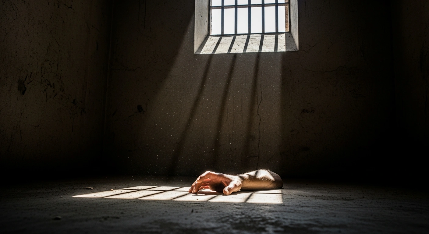 A stark, dimly lit concrete jail cell features a single, still hand reaching towards a beam of moonlight from a high, barred window, representing the tragic death of Jean-Pierre Ntahiraja in a Buhindo, Cibitoke jail.