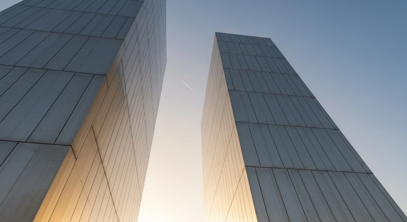 A low-angle shot captures two gleaming, monolithic steel structures rising powerfully under a warm, ascending golden light against a clear sky, symbolizing the strong momentum, robust capital, and predictable profitability of Eurobank and National Bank of Greece, as reiterated by Jefferies with a 'Buy' recommendation.