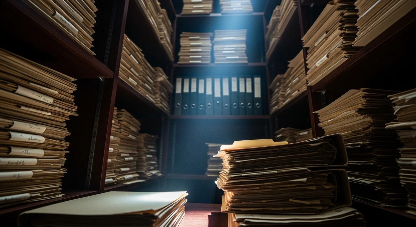 Stacks of legal documents related to the Jeffrey Epstein case are illuminated by a single beam of light in a dark office.