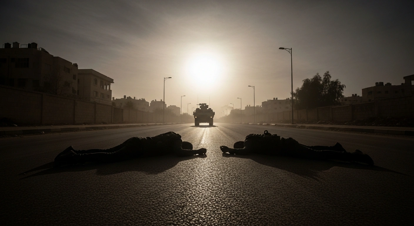 A wide, low-angle view of a desolate, dust-choked street in Jenin, West Bank, shows two prone figures on the ground and a distant military vehicle under an overcast sky, depicting the tragic aftermath of a fatal shooting.