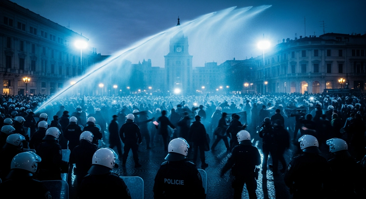 Israeli police use water cannons to disperse a crowd of anti-government protesters during a demonstration in Jerusalem.