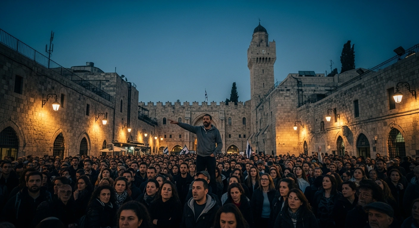 A large group of protesters gathers in a Jerusalem square for an anti-government demonstration led by activist Shikma Bressler.