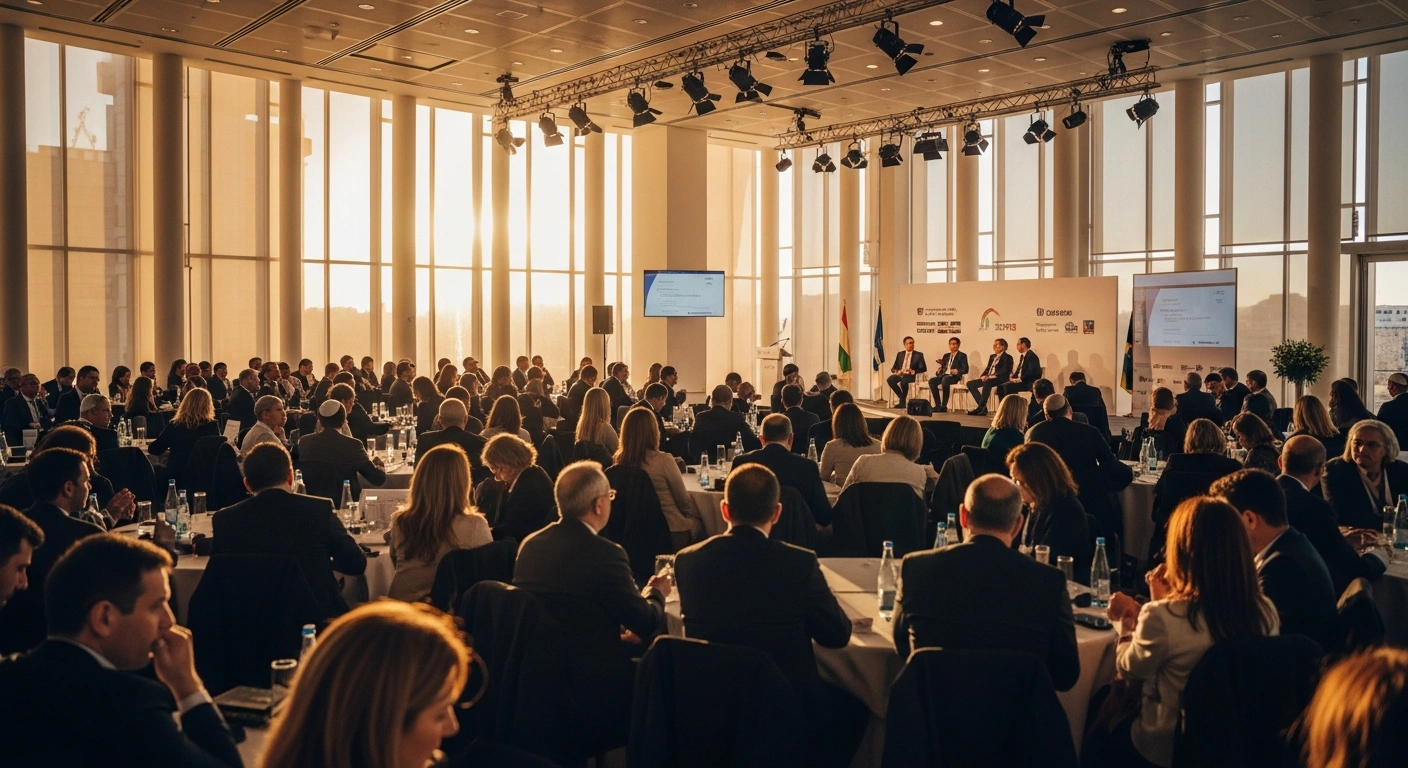 A large crowd of attendees gathers in a sunlit Jerusalem conference hall for the JNS International Policy Summit to discuss U.S.-Israel relations.