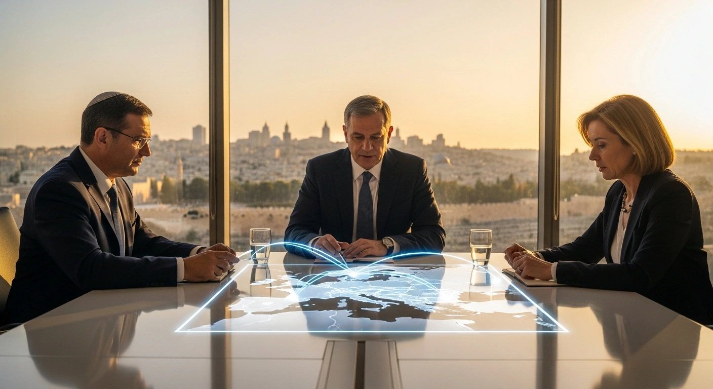 Three national leaders from Greece, Cyprus, and Israel are seated around a modern conference table in Jerusalem, illuminated by golden light, discussing strategic energy and defense cooperation, including the India-Middle East-Europe Economic Corridor and the Great Sea Interconnector, with a holographic map in front of them.