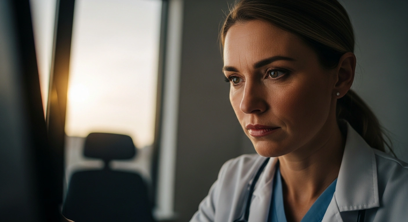 A General Practitioner thoughtfully reviews a patient's digital chart in a softly lit consultation room, symbolizing the 'Jess's Rule' patient safety initiative rolled out across GP practices in England to prevent diagnostic errors and save lives, inspired by Jessica Brady.