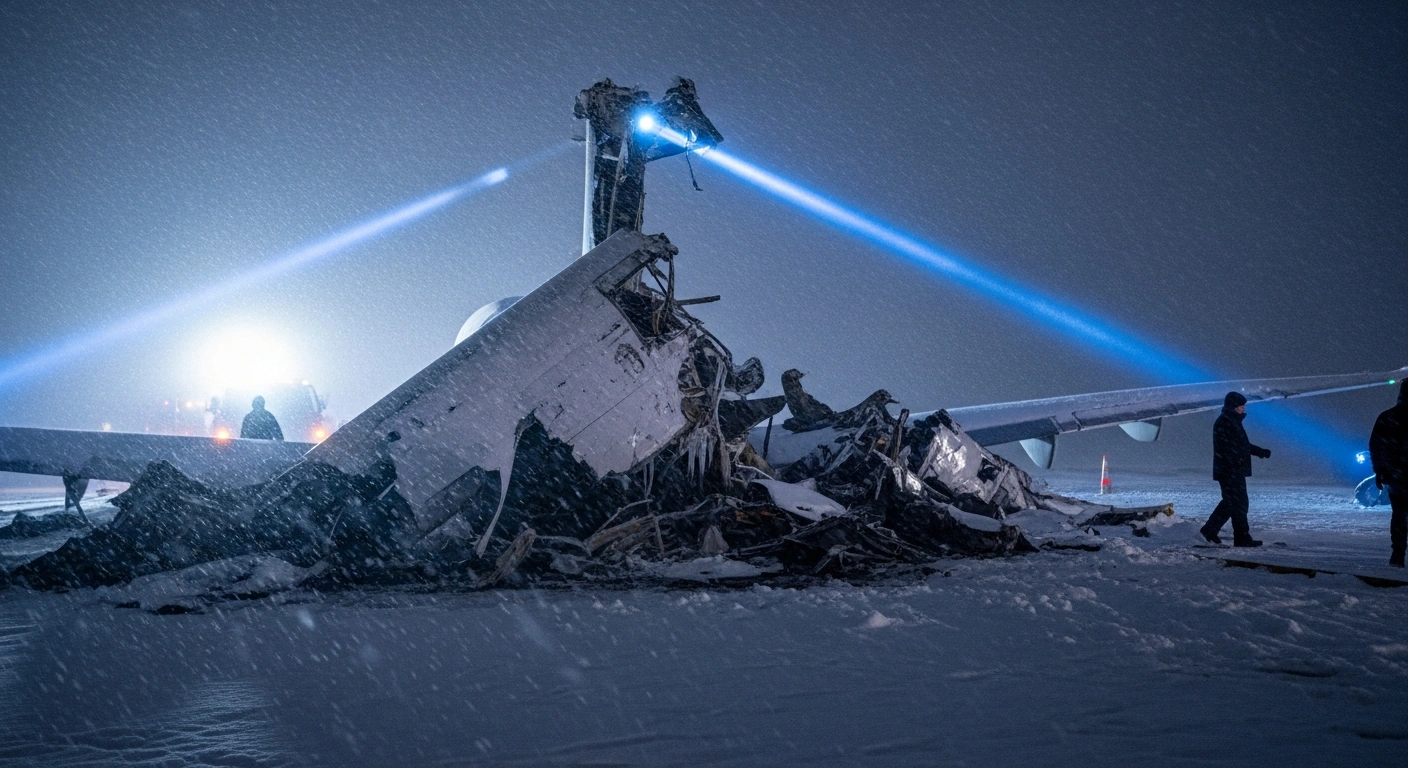 A wrecked private Bombardier Challenger 600 jet partially buried in snow at night, illuminated by emergency vehicle lights, following a crash at Bangor International Airport in Maine during a winter storm.