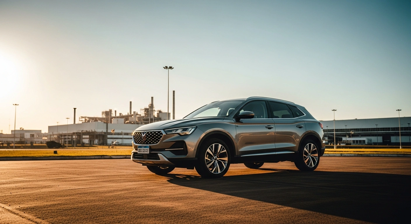 A modern Jetour SUV is parked at a potential vehicle manufacturing site in Brazil as the company evaluates plans for local production.