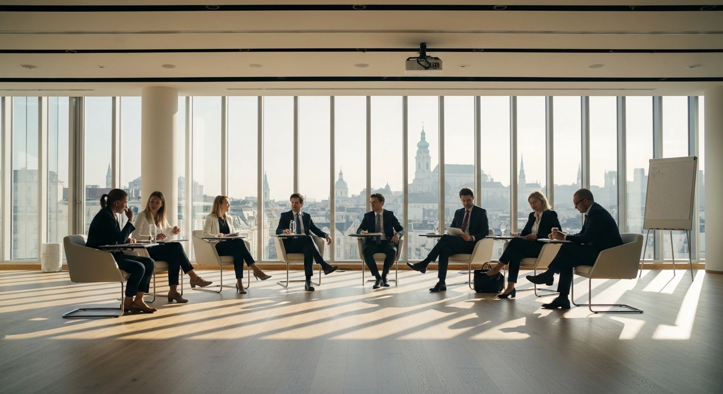 Professionals gather for the JETZT SUMMIT 2026 at the Courtyard by Marriott in Vienna to discuss digital marketing and advertising strategies.