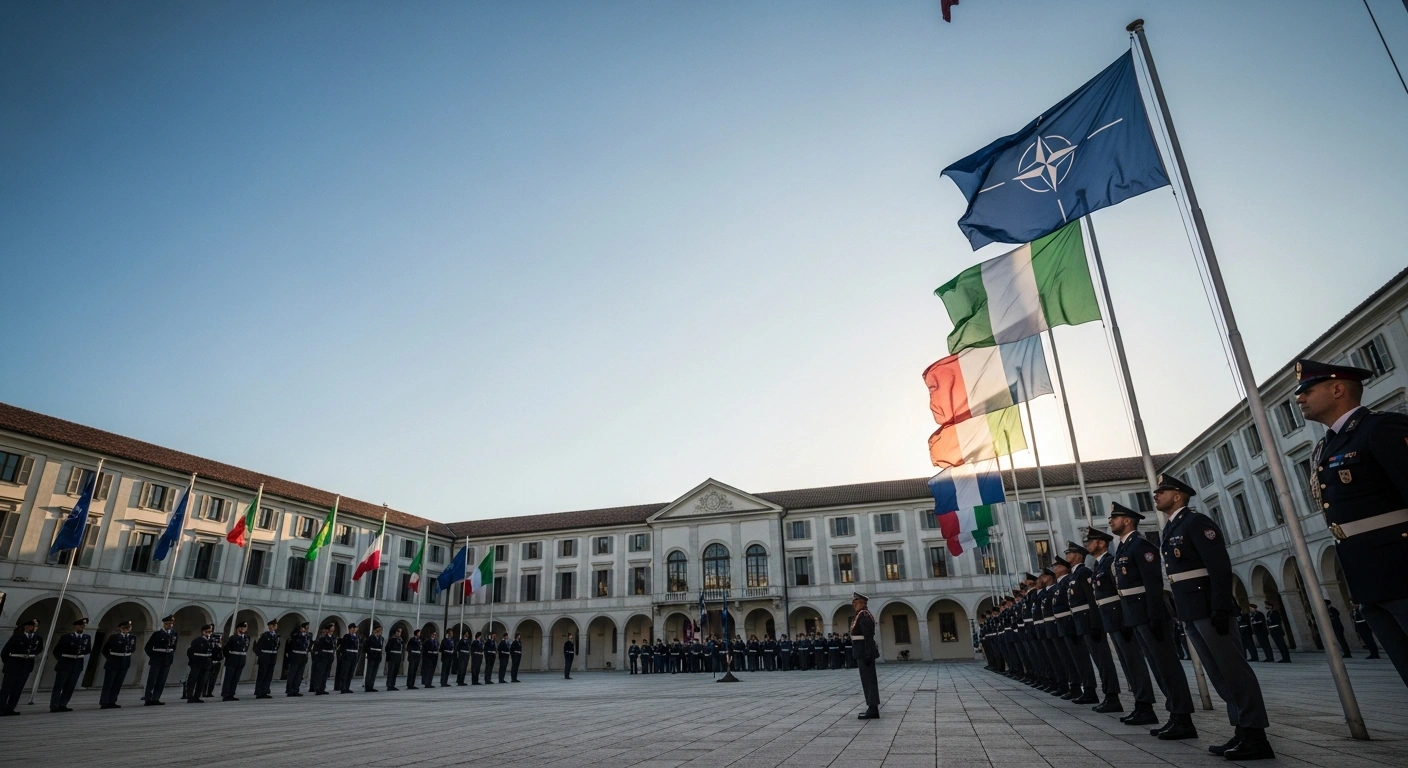 Military personnel stand in formation during a formal ceremony at the Allied Joint Force Command Naples headquarters to commemorate Italy's Republic Day.