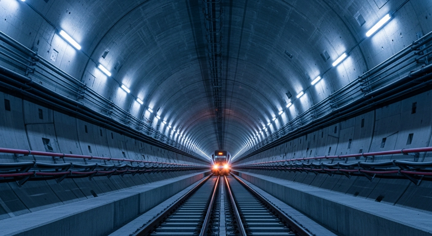 A high-speed train travels through the massive Jiangyin Yangtze River Tunnel, which is the world's largest-diameter high-speed rail shield tunnel.