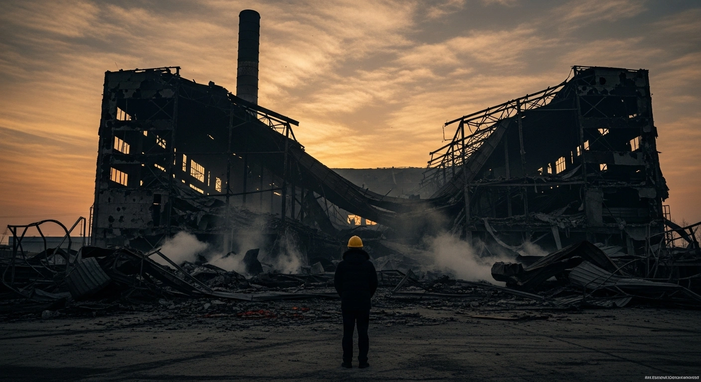 A wide, low-angle shot at dawn shows the partially collapsed structure of Jiapeng Biotechnology in Shanyin County, Shanxi Province, with smoke rising and debris scattered, as a lone figure surveys the devastation following an explosion that killed eight people and led to the detention of the company's legal representative.
