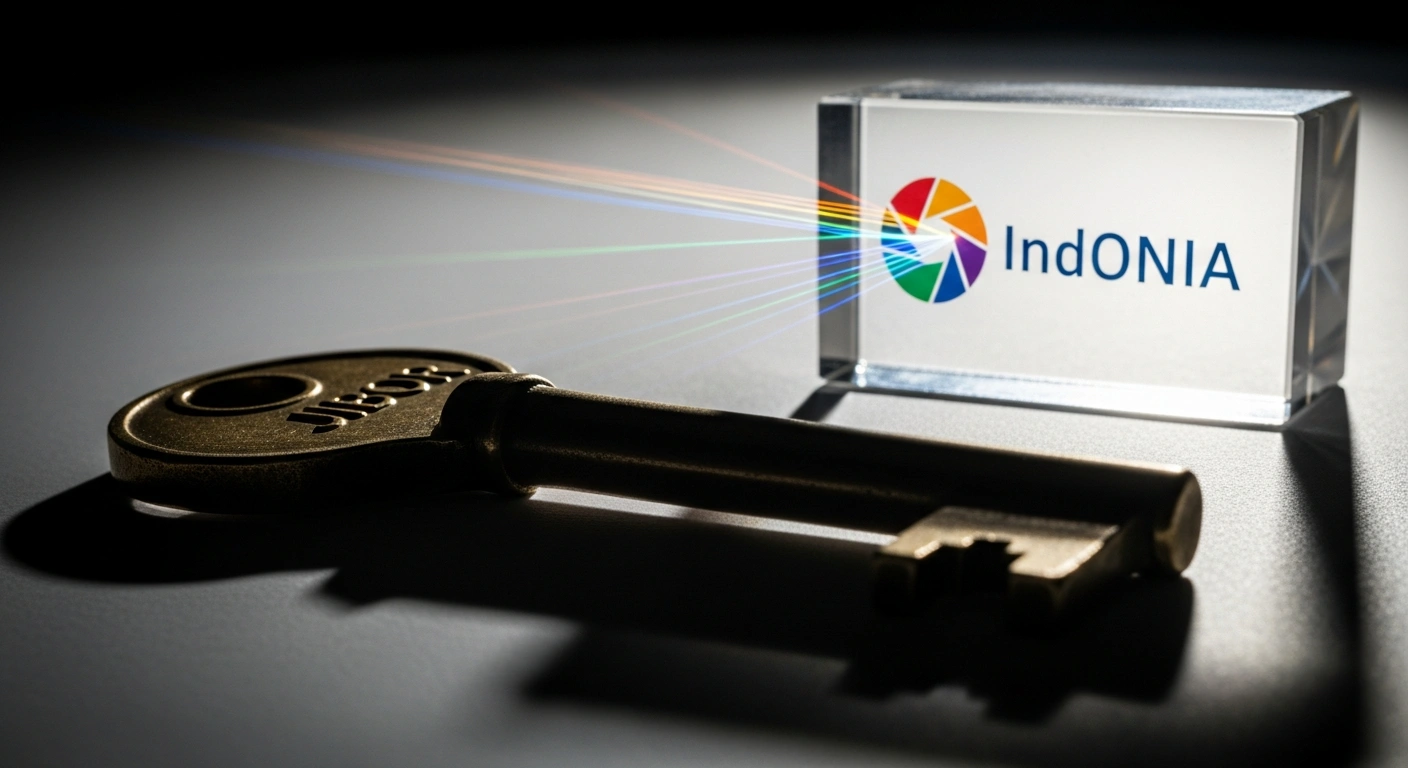 An image depicting a weathered brass key in shadow representing JIBOR, positioned in front of a brightly lit, transparent crystal prism symbolizing IndONIA, which refracts light onto a financial horizon, illustrating Bank Indonesia's transition to IndONIA by January 1, 2026, to enhance transparency and align with global standards.
