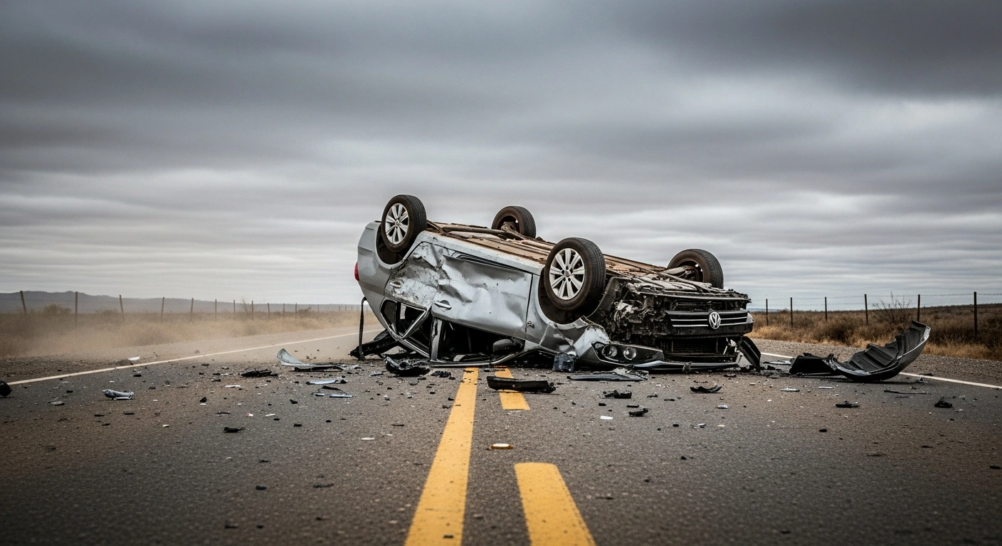 A severely damaged and overturned Volkswagen car rests on a desolate, dusty road under an overcast sky, depicting the aftermath of a tragic auto crash in Jigawa State, Nigeria.