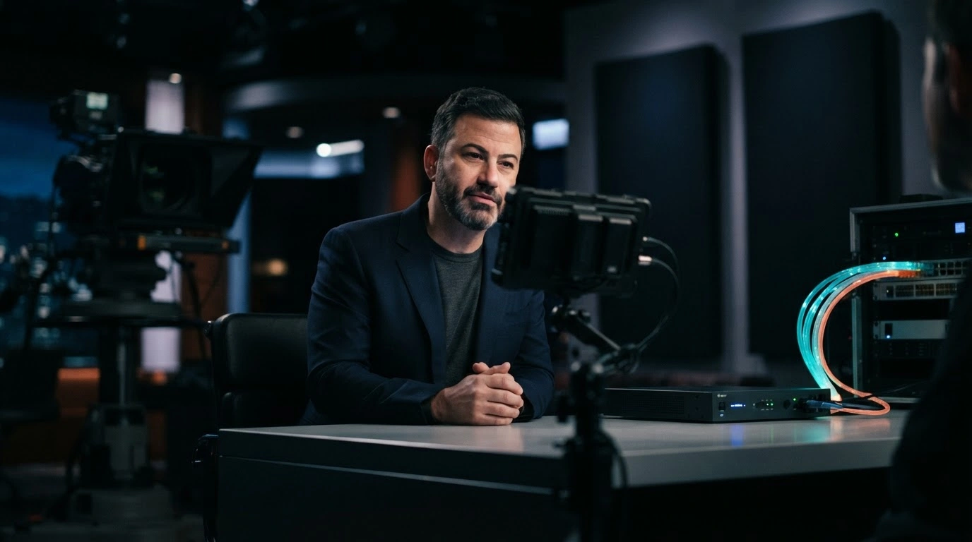 A talk show host prepares for a digital interview in a studio setting to bypass traditional broadcast regulations.