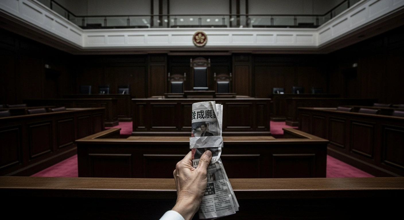 A close-up shot of an aged hand clutching a crumpled newspaper in a dimly lit, imposing courtroom, symbolizing the sentencing of Hong Kong media mogul Jimmy Lai for national security offenses and the blow to press freedom.