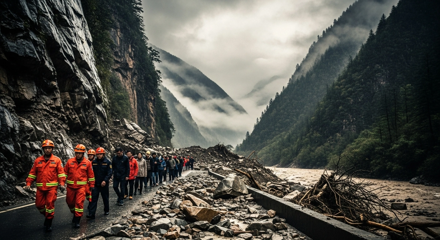 Emergency rescue teams evacuate tourists from the Jiuzhaigou Valley World Heritage site following mudslides caused by heavy rainfall.