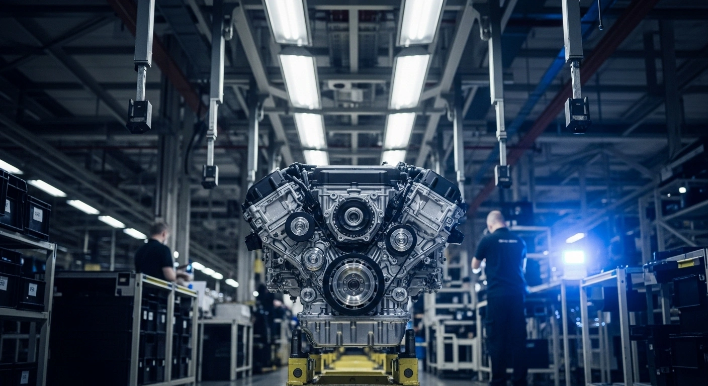 A low-angle, wide shot of a partially assembled Jaguar Land Rover car engine on a factory production line, illuminated by cool industrial lighting, symbolizing the restart of production at the Wolverhampton plant after a cyberattack and a UK government loan guarantee.