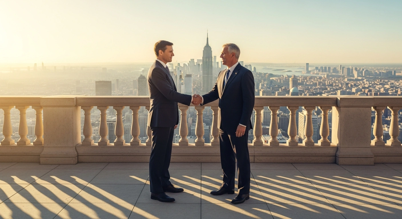 A wide shot at golden hour shows two figures, one in a business suit and one in formal attire, shaking hands on a grand balcony overlooking a sprawling American cityscape, symbolizing a significant drug-pricing agreement between Johnson & Johnson and the Trump administration to lower costs and improve patient access.