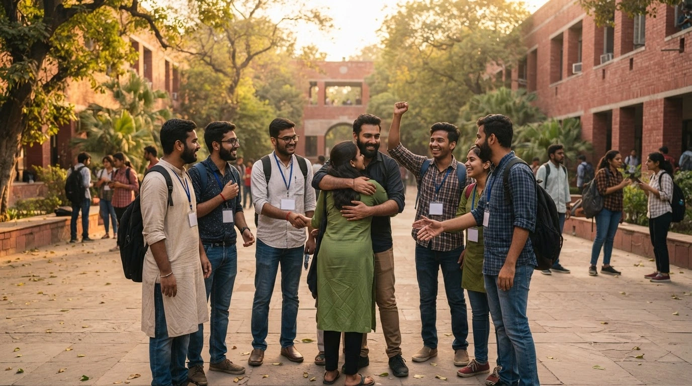Jawaharlal Nehru University students gather on campus in New Delhi to celebrate the resolution of their hunger strike and the withdrawal of disciplinary actions.