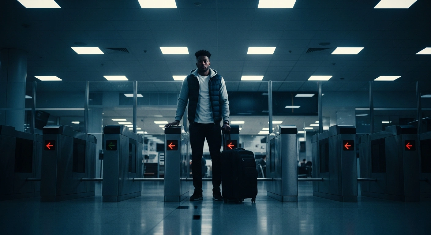 Former Spanish national team defender Joan Capdevila stands at an airport customs gate after being denied entry into the United States.